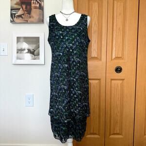 VTG Patra Midi Dress Womens 16 Green Blue Paisley Layered Sleeveless Round Neck